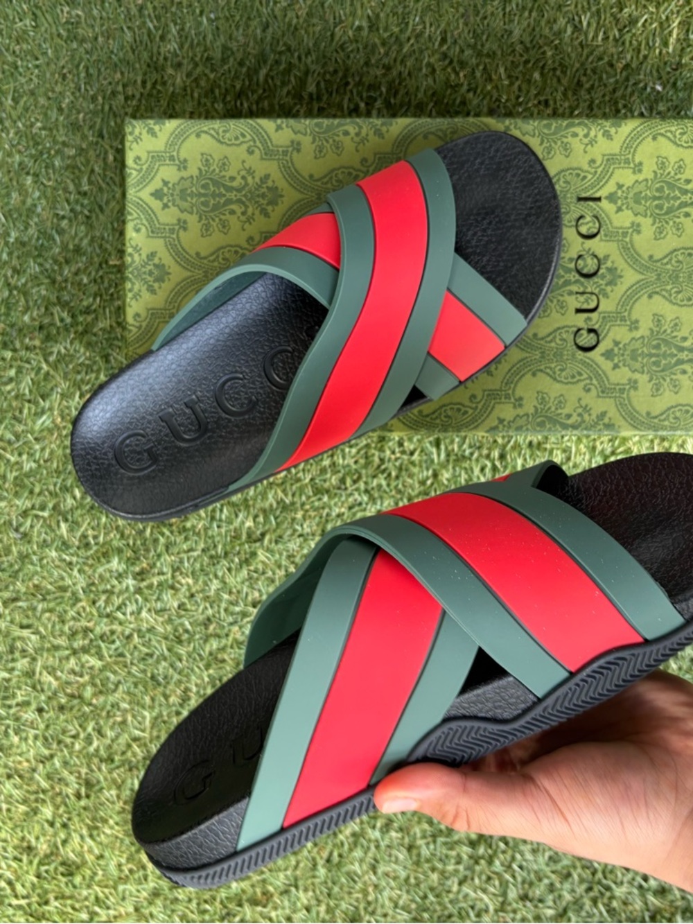 Gucci Green and Red Crisscross Rubber Slides